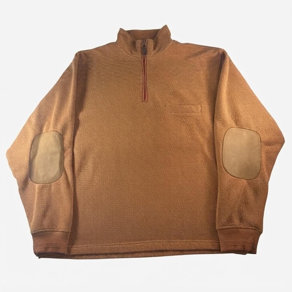 Orvis Sweater Mens Large Brown Rust Ribbed Quarter Zip Faux Suede Elbow Patches
